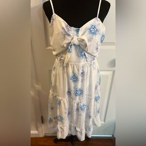 Lg Floral Tie Front Tiered Ruffle Mini Dress Pink/Blue Rose Smocked Back Summer